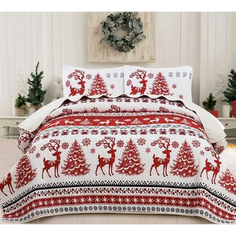 DJY Christmas Quilt Set Christmas Trees Reindeer Snowflake Pattern 3 Pc King